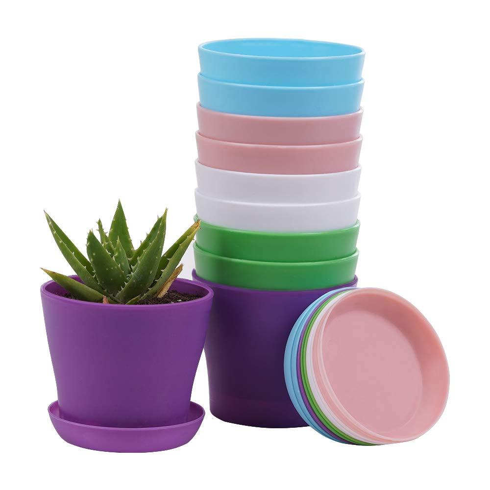 TDHDIKE 10 Pcs Plastic Planters Indoor Pots, Mini Flower Seedlings Nursery Flower Pot with Pallet, Modern Decorative Gardening Containers Pink / White / Purple / Blue / Green