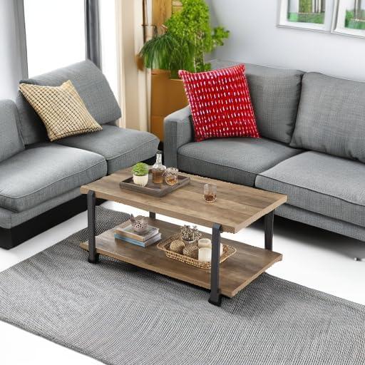 Oak and Black Industrial Rectangular Coffee Table with Shelf