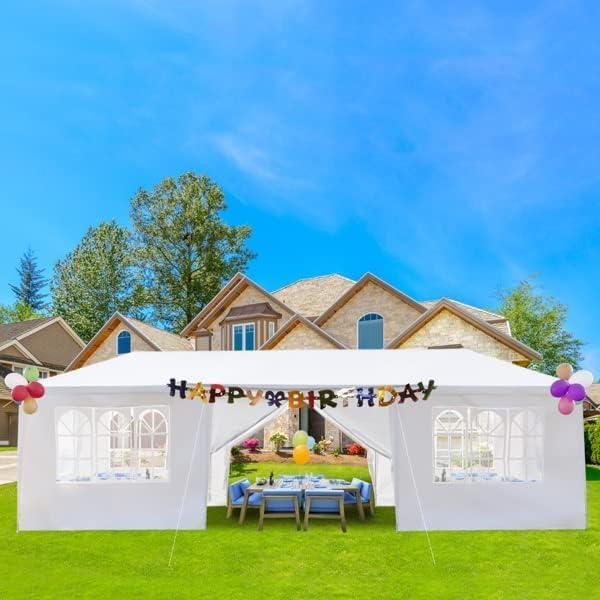 HomGarden 10x30FT Outdoor Gazebo Canopy Wedding Party Tent Shelter Pavilion W/ 8 Removable Sidewalls & Windows for Cater Events, White