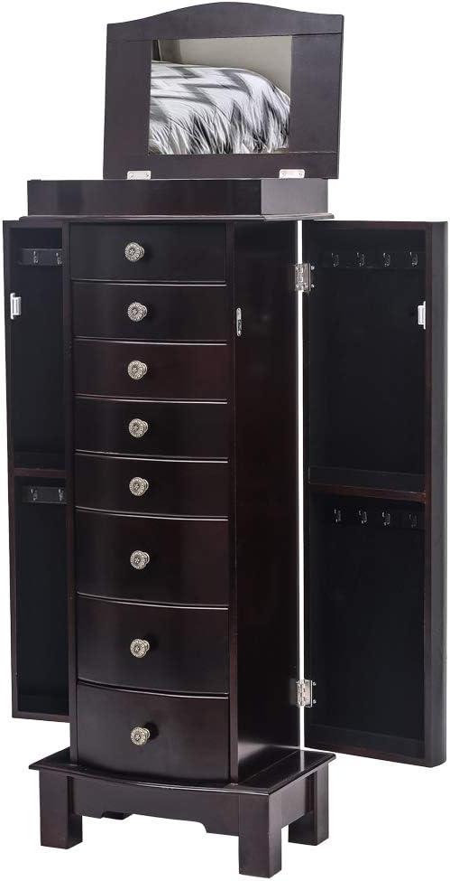 Veryke Jewelry Armoire with Mirror / 8 Drawers / 16 Necklace Hooks / 2 Side Swing Doors - Brown