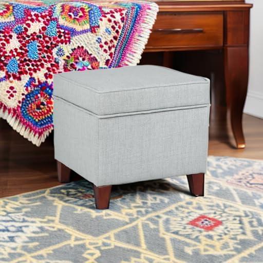 Grayish Blue Upholstered Linen Storage Ottoman with Wood Legs