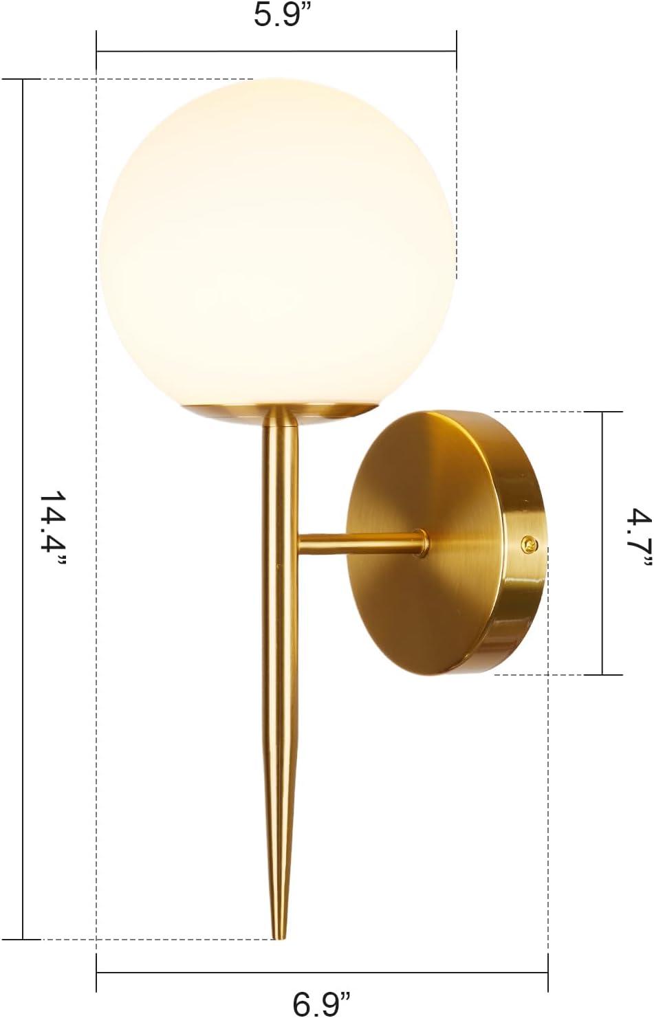 Gold Wall Sconce Set of 2 Globe Glass Wall Light Fixtures Bathroom Vanity Light Mid-Century Modern Wall Sconce Lamp with Frosted Glass Shade for Hallway Bedroom Living Room