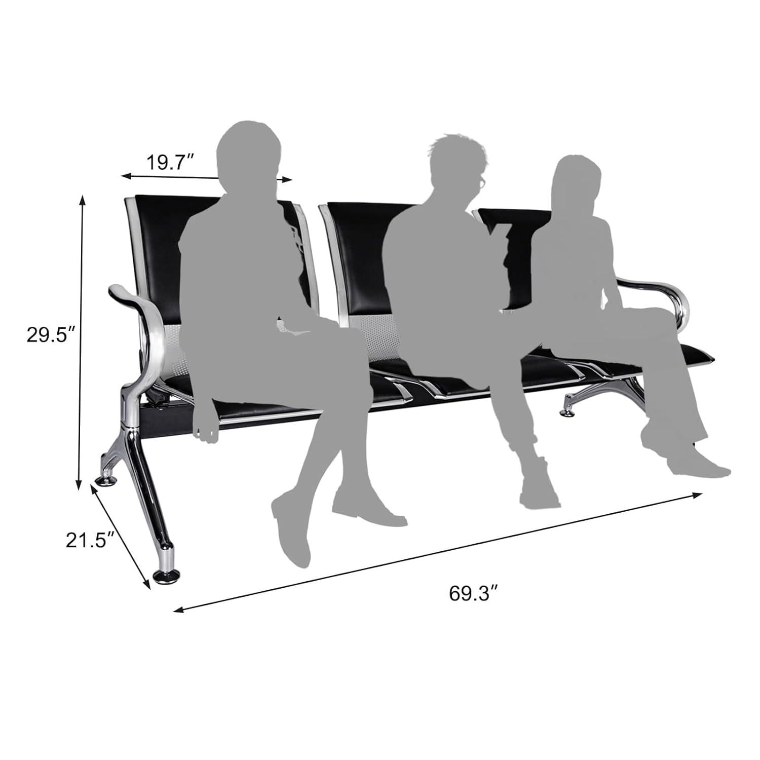 Kinbor Waiting Room Chairs, 3-Seat Reception Chairs Office Guest Waiting Furniture Bench Seating for Airport Bank Hospital, Black