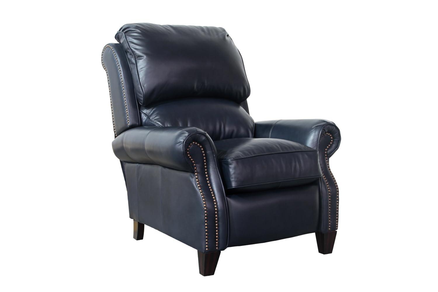 Churchill Traditional Blue Leather Recliner with Wood Accents
