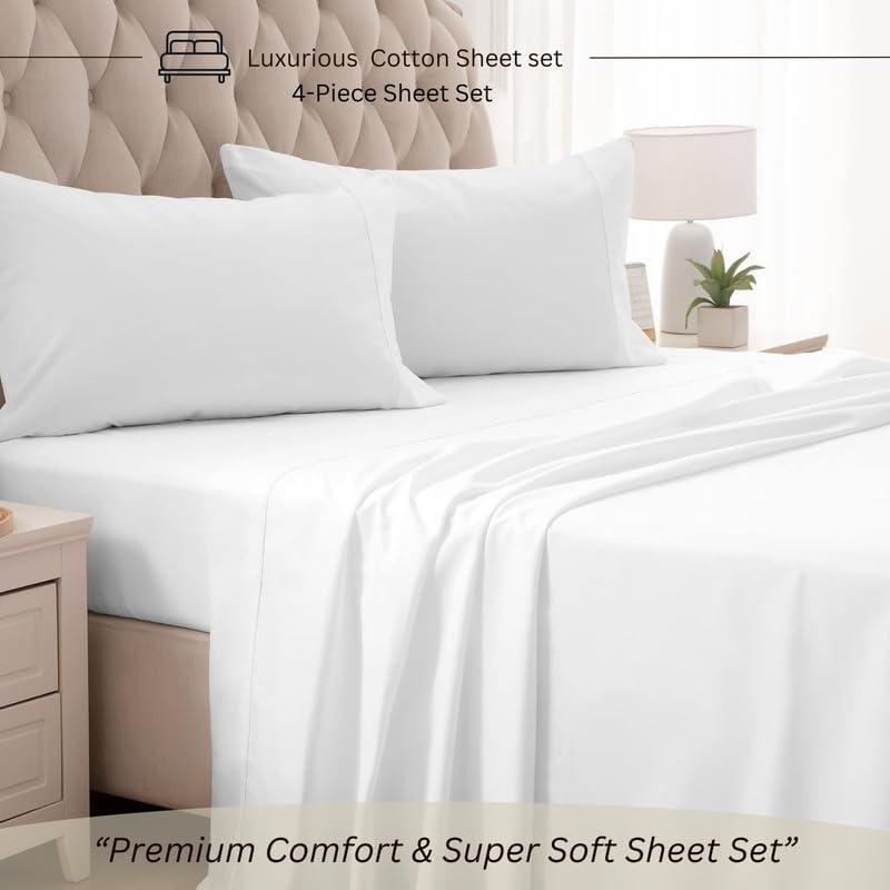 4 Piece Bed Sheet Set, 100% Egyptian Cotton 400 Thread Count, Queen Size 12 Inch Deep Pocket of Cotton Sheets - White Solid.