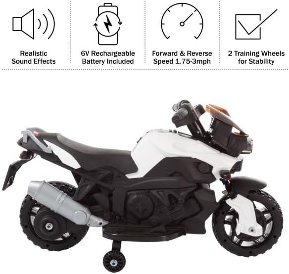Toy Time Kids Motorcycle - Electric Ride-On with Training Wheels and Reverse Function - White and Black