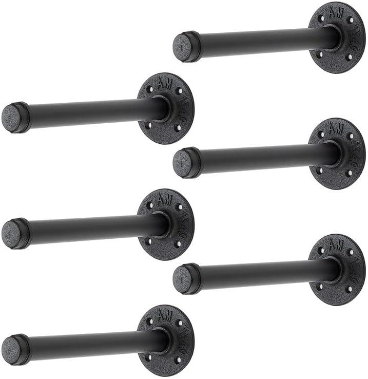 10 Inch Black Industrial Pipe Wall Mounted Clothing Rack, 6 Pack