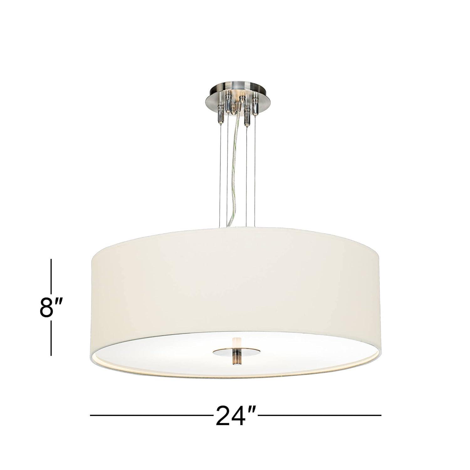 Possini Euro Design Brushed Nickel Pendant Chandelier 24" Wide Modern White Canvas Drum Shade 4-Light Fixture for Dining Room House Kitchen Island