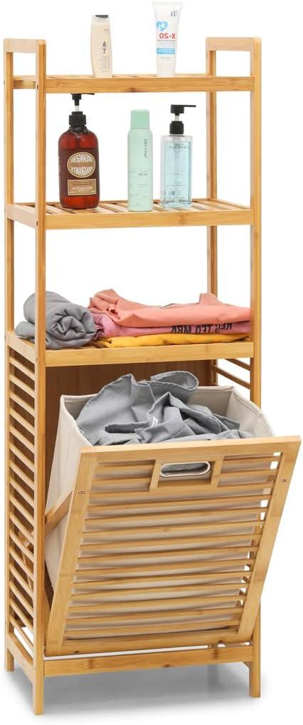 MoNiBloom Laundry Hamper with 3-Tier Shelves and Tilt Out Basket, Laundry Baskets Organizer Hampers Bathroom Storage Shelf for Laundry Room, Bathroom, Bedroom, Closet, Natural