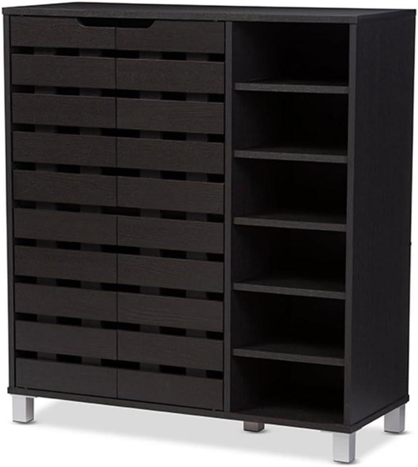 Shirley Modern and Contemporary Wood 2-Door Shoe Cabinet with Open Shelves - Dark Brown - Baxton Studio: Espresso Finish, Metal Frame, 10 Compartments