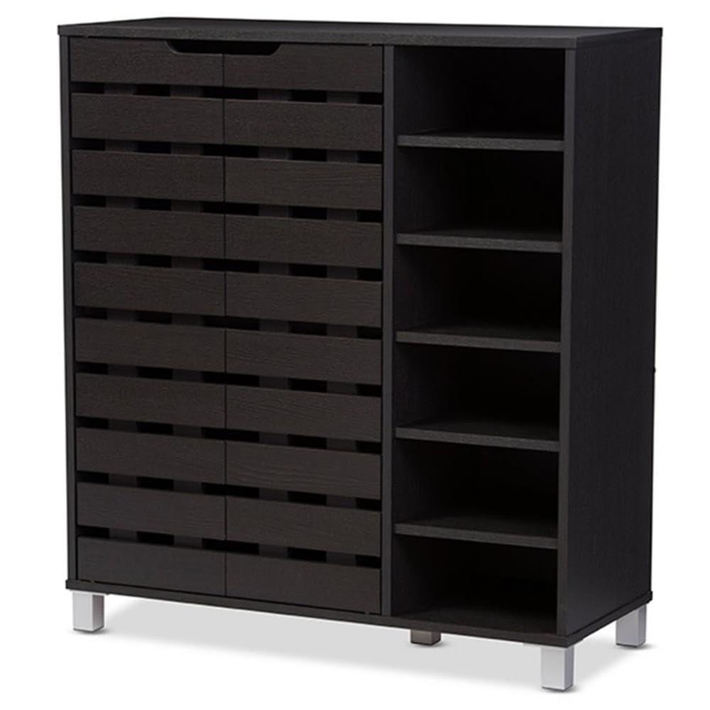 Shirley Modern and Contemporary Wood 2-Door Shoe Cabinet with Open Shelves - Dark Brown - Baxton Studio: Espresso Finish, Metal Frame, 10 Compartments