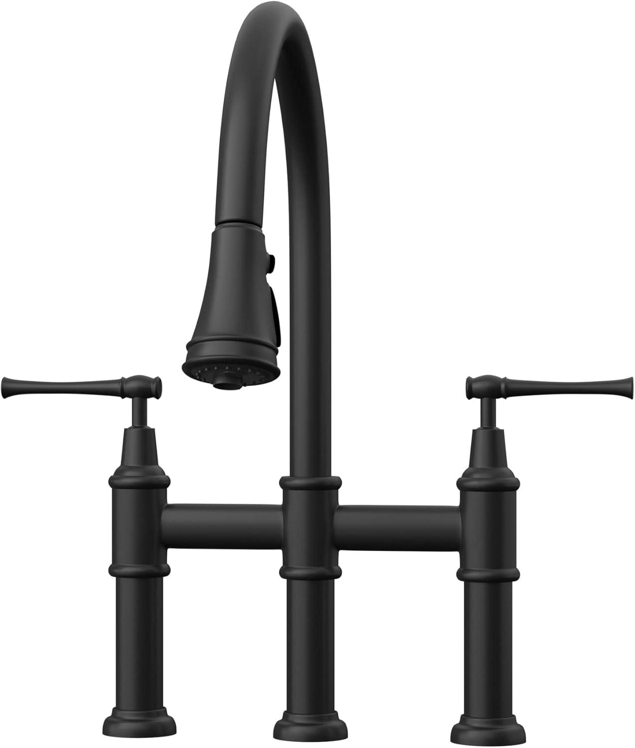 Matte Black Double Handle Bridge Kitchen Faucet with Pull-Down Spray