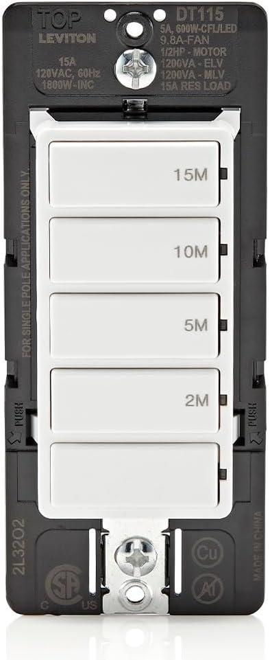 Leviton DT115-1LW Decora Countdown Timer Wall Switch, 15 Min (2, 5, 10, 15 Min)