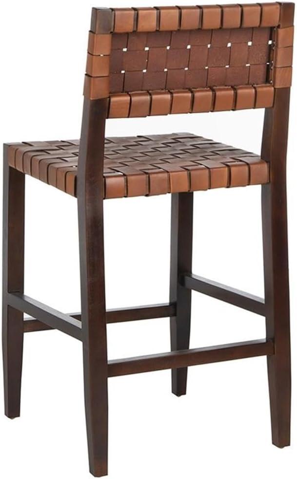 Paxton Woven Leather Counter Stool - Cognac/Walnut Finish - Safavieh