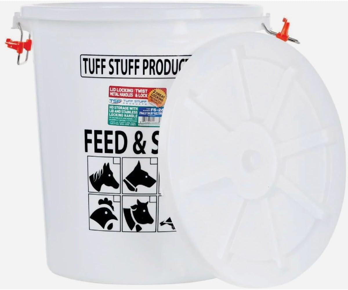 Tuff Stuff Products FS12 12 Gallon Seed and Animal Feed Heavy Duty Plastic Drum Bucket with Lock Lid for Dogs, Cats, Chickens, Cows, and Horses