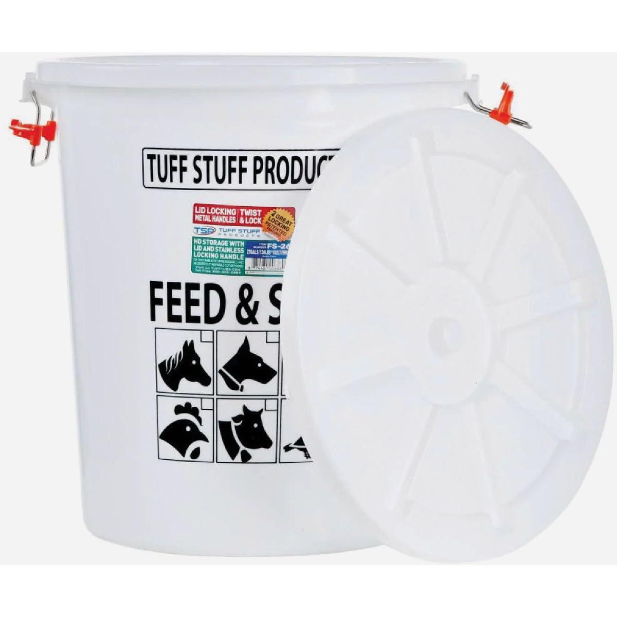 Tuff Stuff Products FS12 12 Gallon Seed and Animal Feed Heavy Duty Plastic Drum Bucket with Lock Lid for Dogs, Cats, Chickens, Cows, and Horses