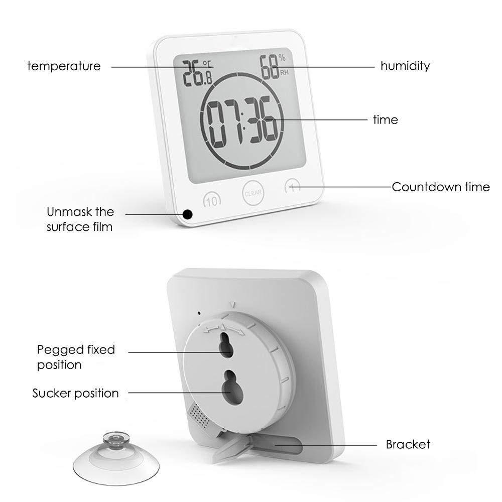 Bathroom Shower Clock Digital Clock Timer Large LCD Display Touch Screen Timer with Temperature Humidity Display for Bathroom Shower Kitchen,white，G169791