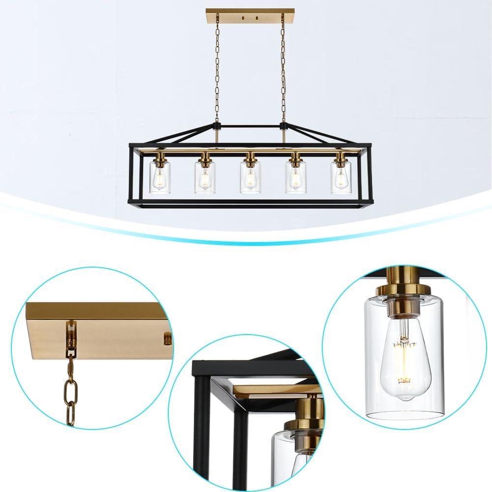 Modern Black and Brass 5-Light Island Chandelier with Glass Shades