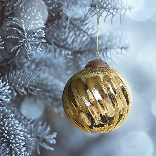 Set of 4 Gold Mercury Glass Ornaments (3.15" Classic Twist Ball) Perfect for Christmas Tree, Hanging Holiday Decoration, Gifts & Home Decor