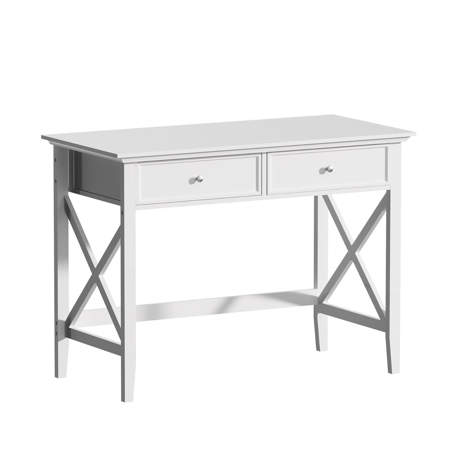 White Computer Desk with 2 Drawers, Modern Makeup Vanity Desk with Storage, Writing Desk for Home Office, 42'' Long Study Simple White Desk for Bedroom Console Table Living Room