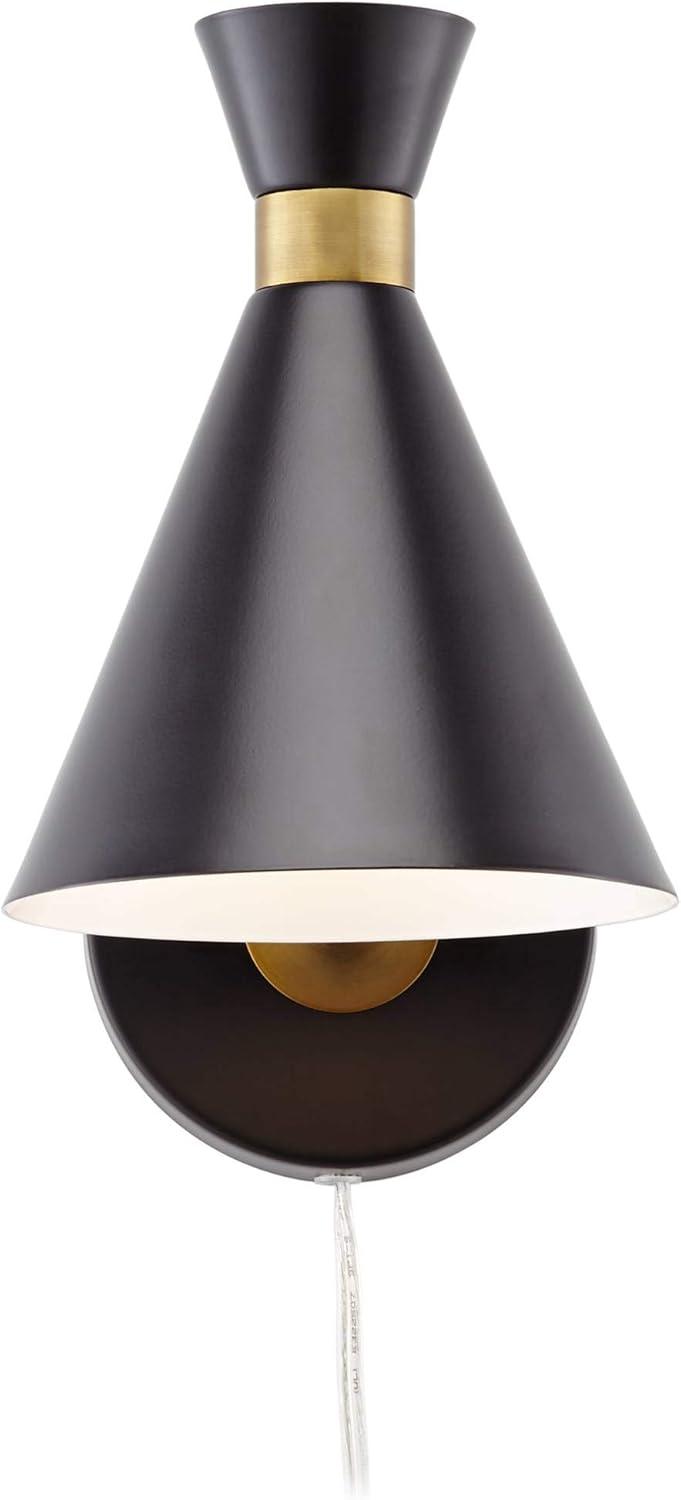 360 Lighting Venice Mid Century Modern Wall Lamp Matte Black Brass Plug-in 6 1/4" Light Fixture Adjustable Metal Cone Shade for Bedroom Living Room