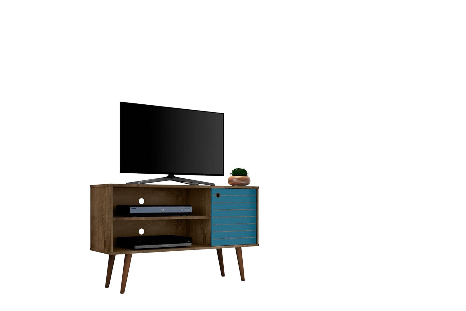 Liberty Mid-Century Modern 2 Shelves and 1 Door TV Stand for TVs up to 46" Rustic Brown/Aqua Blue - Manhattan Comfort