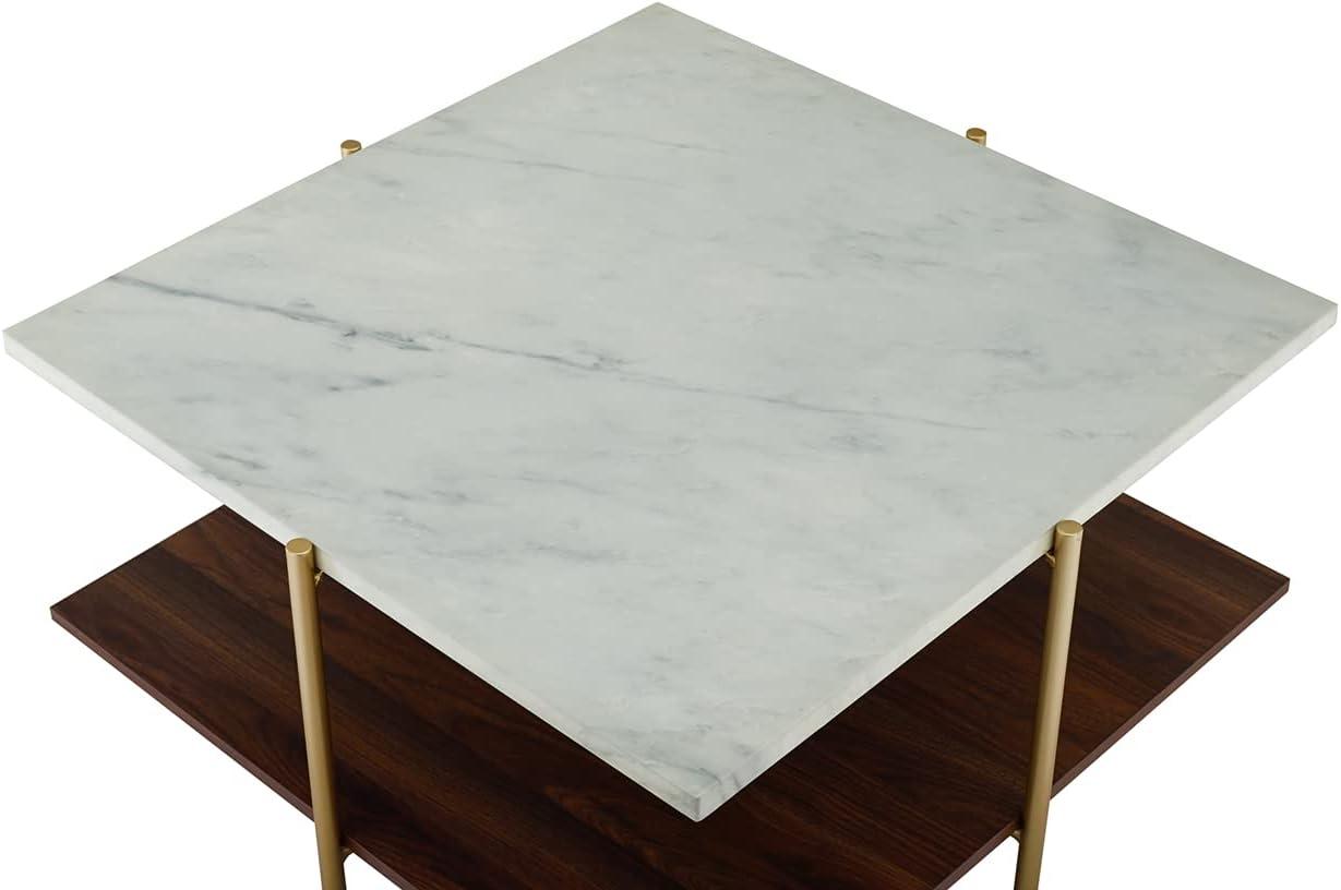 Mid-Century Glossy Faux Marble 32" Square Coffee Table with Gold Legs