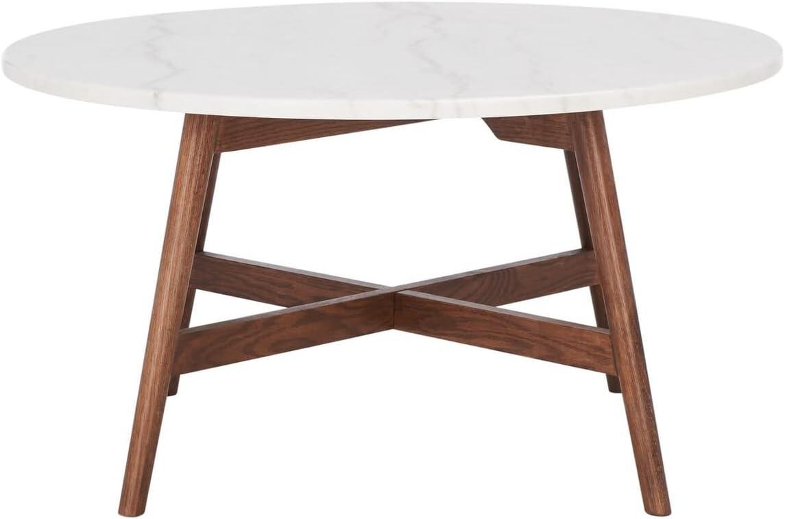 36" Round White Marble and Walnut Wood Coffee Table