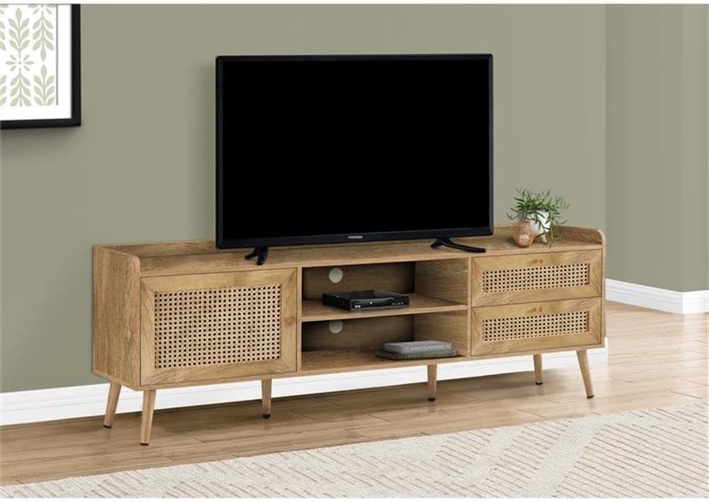 Walnut 72 Inch TV Stand with Rattan Panels and Storage