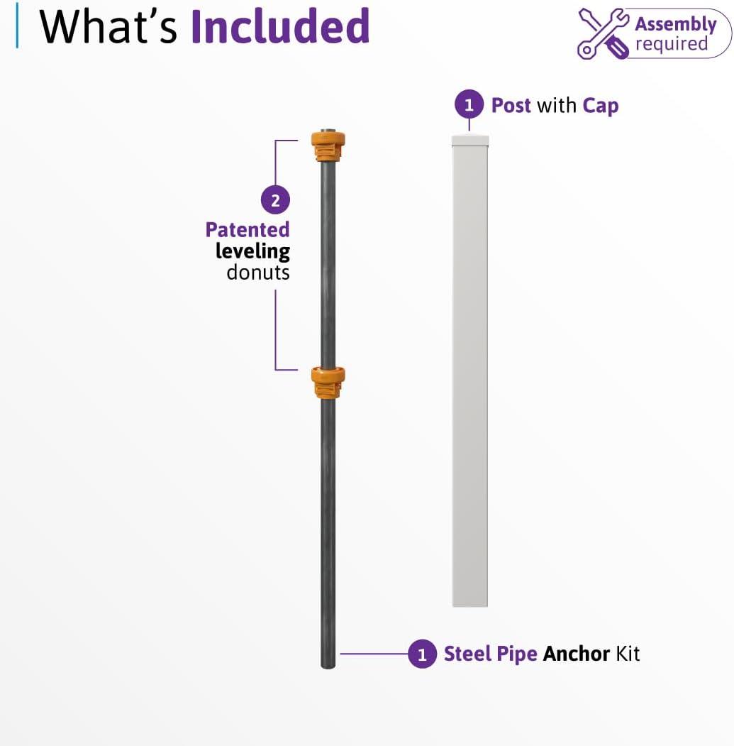 WamBam No-Dig Fence 5ft H (1 Fence Post) No Dig WamBam Windsor Finishing Post with Steel Pipe Anchor Kit, Permanent White Vinyl Post for Windsor Fence Panels and Gate Kit, Perfect for Yard, Pool or Dog Fence BL19109