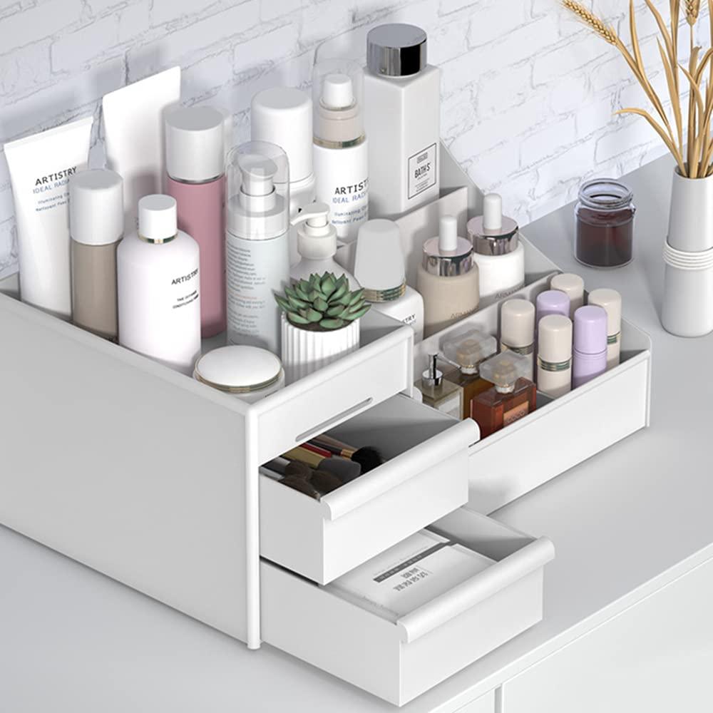 Compact White Plastic Makeup Desk Organizer with Drawers