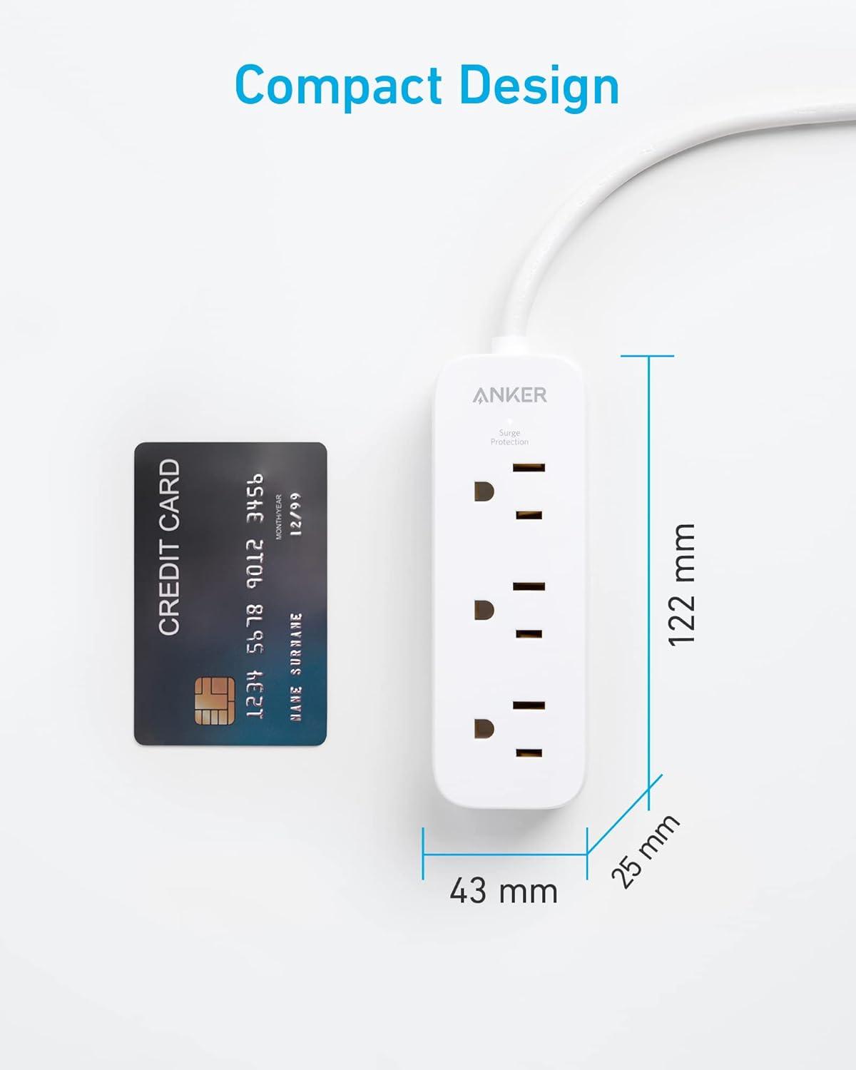 Anker Flat Plug Extension Cord,Small Power Strip Surge Protector(300J),5ft for iPhone 15/15 Plus/15 Pro/15 Pro Max, with 3AC Outlets,Surge Protection,Compact for Travel,Home,Dorm,Office,ETL Certified