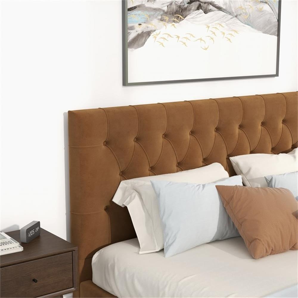 Elda Mid Century Modern Cognac Tan Velvet Upholstered King Platform Bed