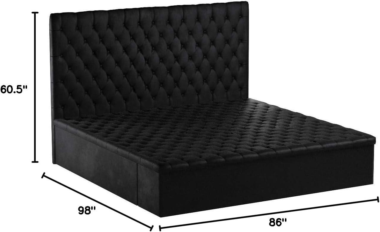 Meridian Furniture Bliss Collection Modern | Contemporary Velvet Upholstered Bed with Deep Button Tufting and Storage Compartments in Rails and Footboard, Black, Queen