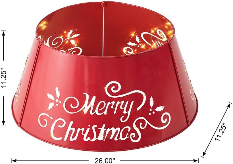 Red Metal Merry Christmas Tree Collar with Lights