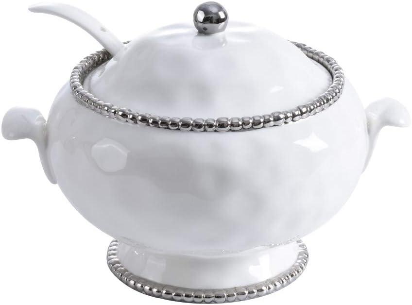 White and Silver Porcelain Soup Tureen with Ladle