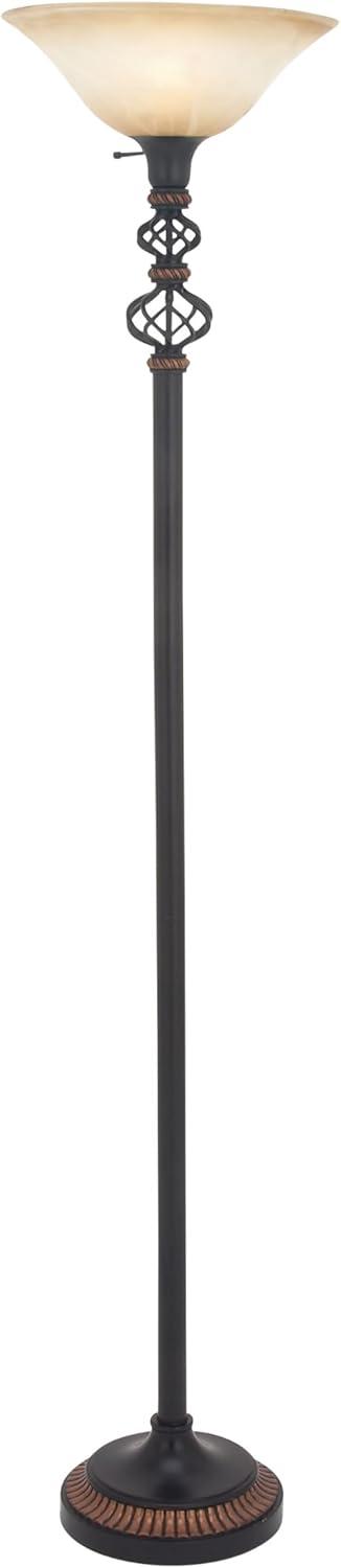 70" Black Iron Torchiere with Cream Glass Shade