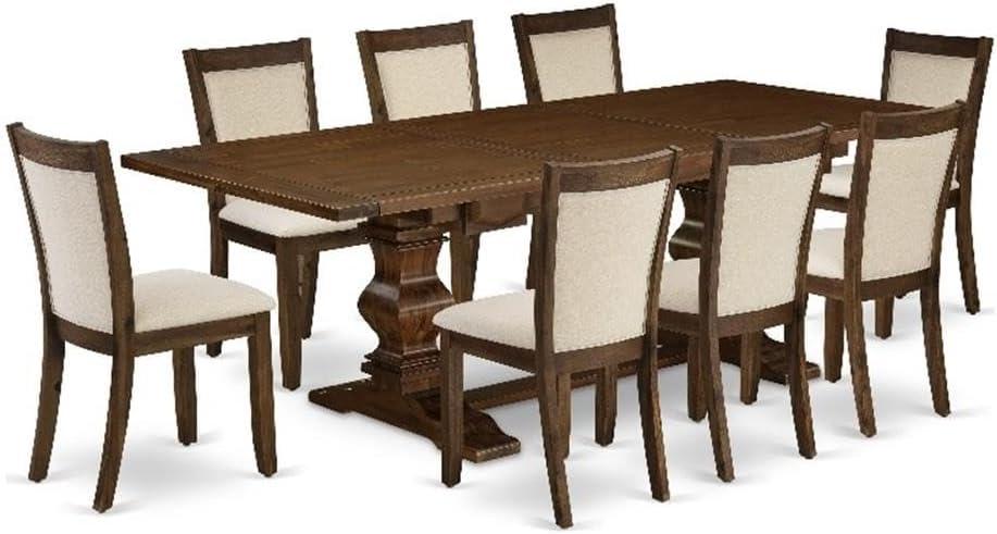 East West Furniture 9-Pcs Kitchen Table Set - 1 Rectangular Dining Table with Double Pedestal and 8 Light Beige Linen Fabric Modern Dining Chairs with Stylish Back - Antique Walnut Finish