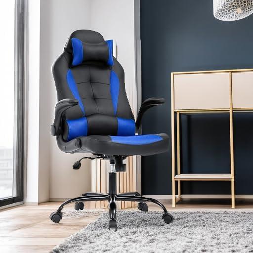 Adjustable Blue and Black PU Leather Gaming Chair with Lumbar Support