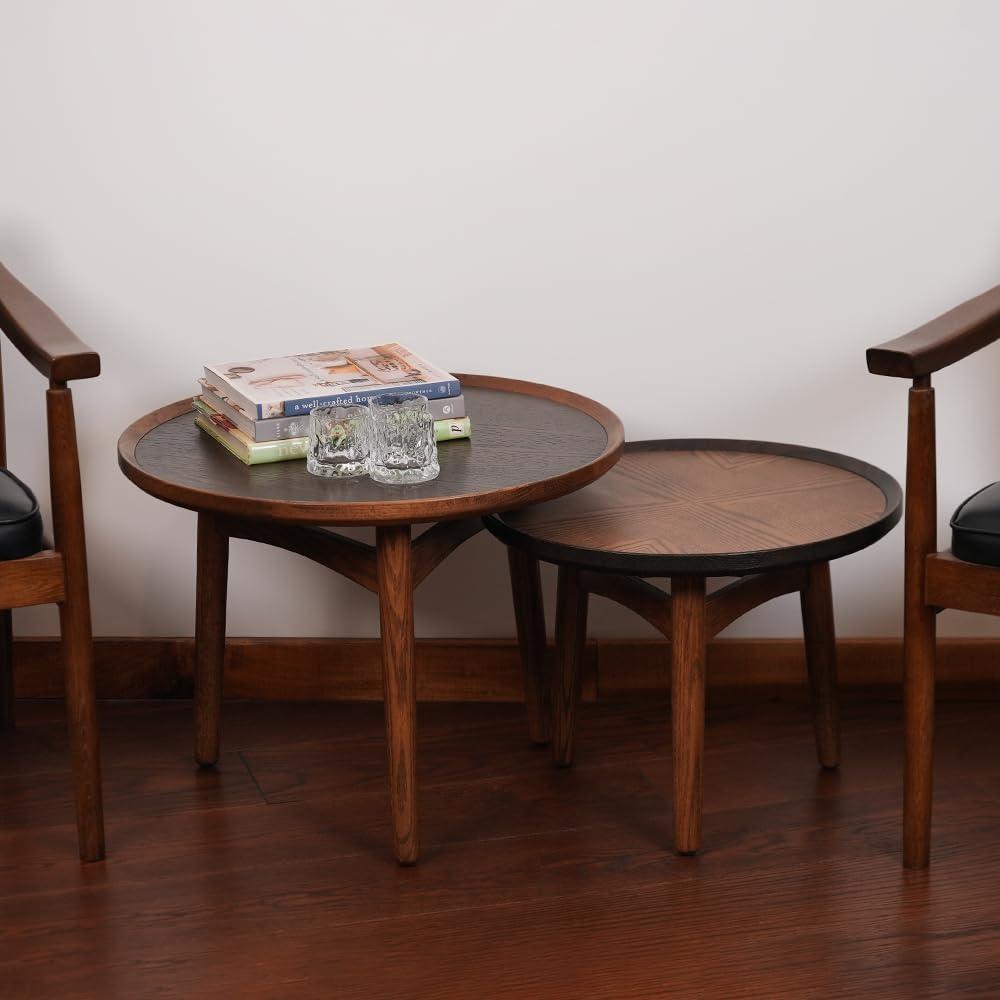 CONSDAN Nesting Table, Solid Oak Hardwood Structure Round Coffee Table & Side Table with Solid Wood Feet for Living Room, Bedroom, Balcony - Standard