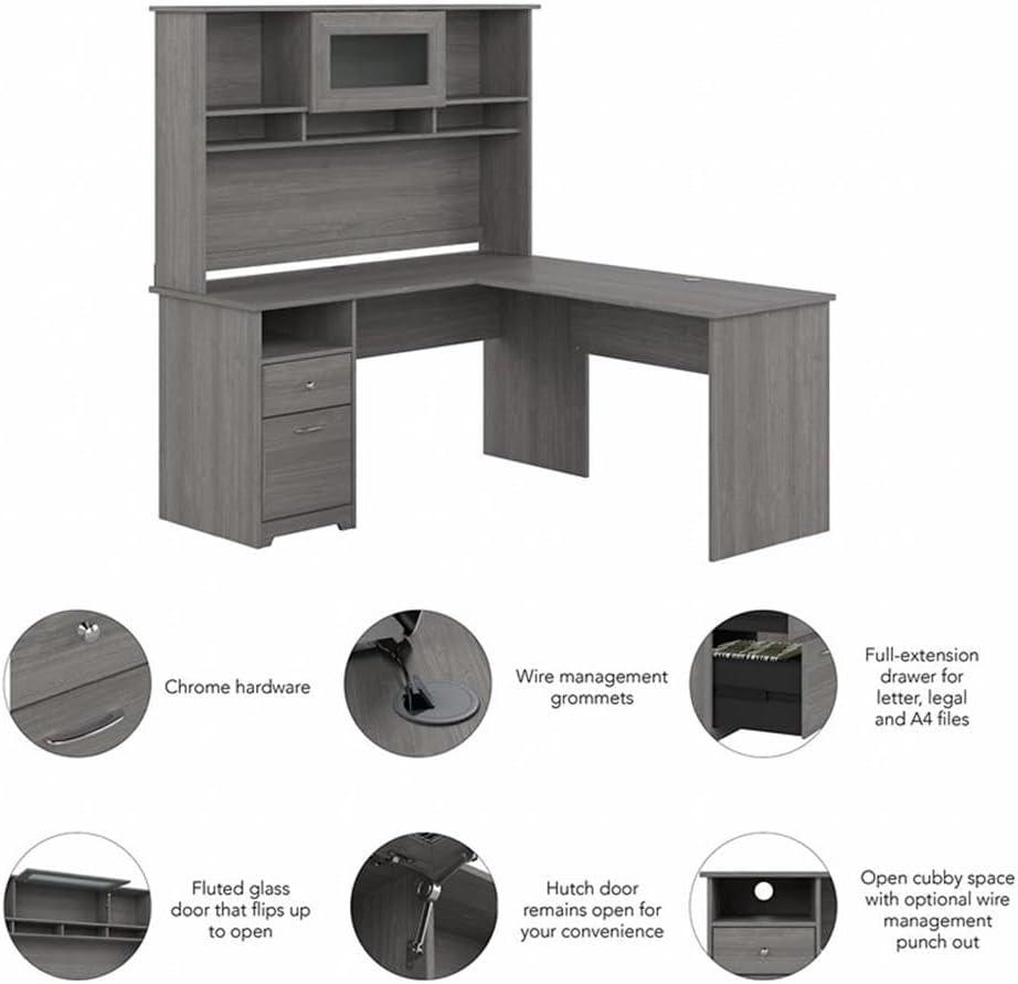 Cabot 60W L Shaped Desk with Hutch and Drawers in Modern Gray - Engineered Wood