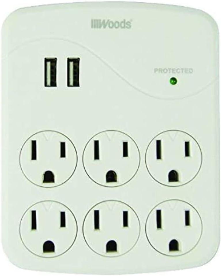 Woods 41076 Power Surge Protector with 6 Outlets, White, 1440J, Each