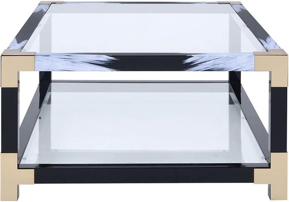 Rectangular Metal Coffee Table with Glass Top and Shelf Black - Saltoro Sherpi