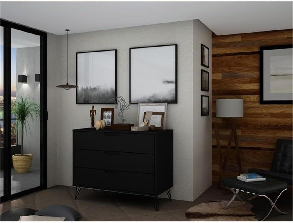 Rockefeller Dresser Black - Manhattan Comfort: MDF Composite Frame, 3-Drawer Storage for Bedroom
