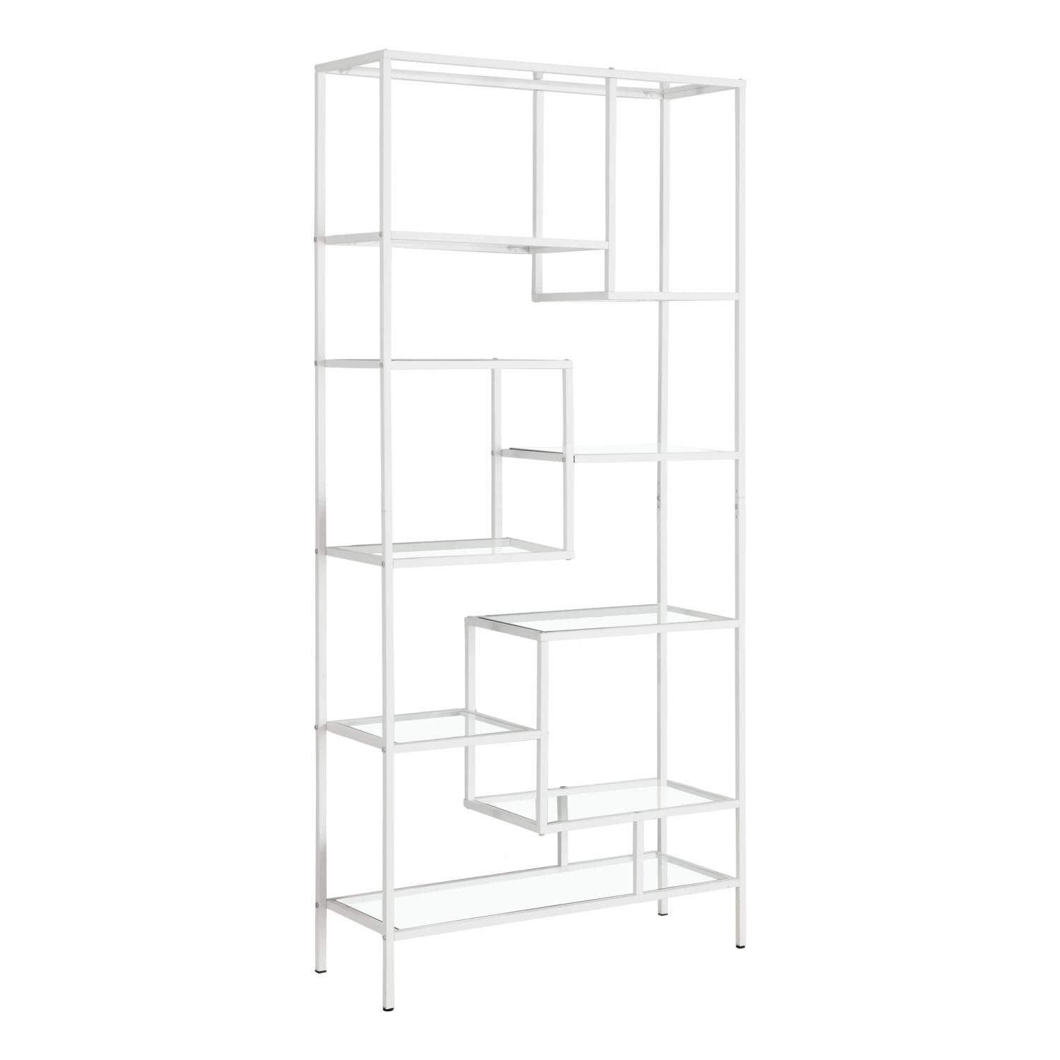 Alieon 7159 Bookshelf, Bookcase, Etagere, Office, Bedroom, Metal, Tempered, Contemporary, Modern Bookcase-72, 32" L x 12" W x 72" H, White/Clear Glass