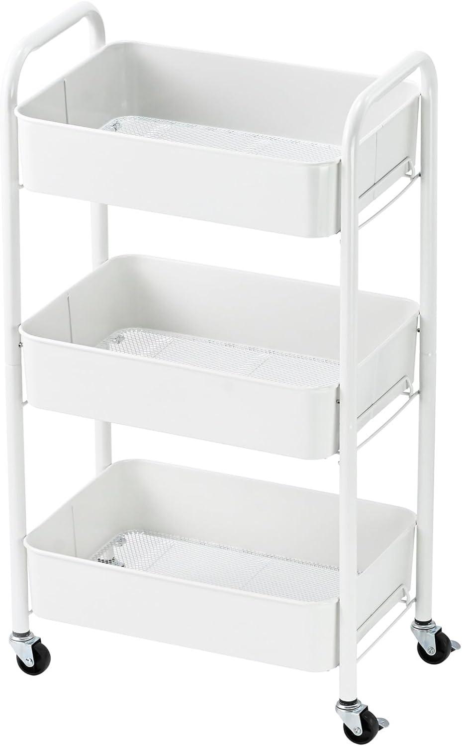 The three-tier metal utility cart is designed for convenient and efficient storage and transportation of various items.