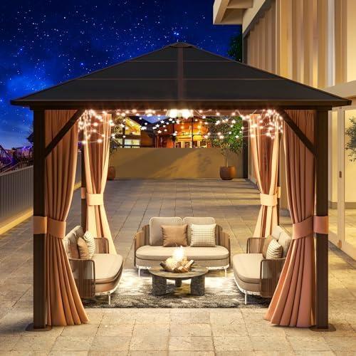 JolyDale 10 ft. x 10 ft. Patio Hardtop Gazebo, Outdoor Aluminum Frame Canopy with Netting and Curtain for Garden, Patio, Lawns, Brown