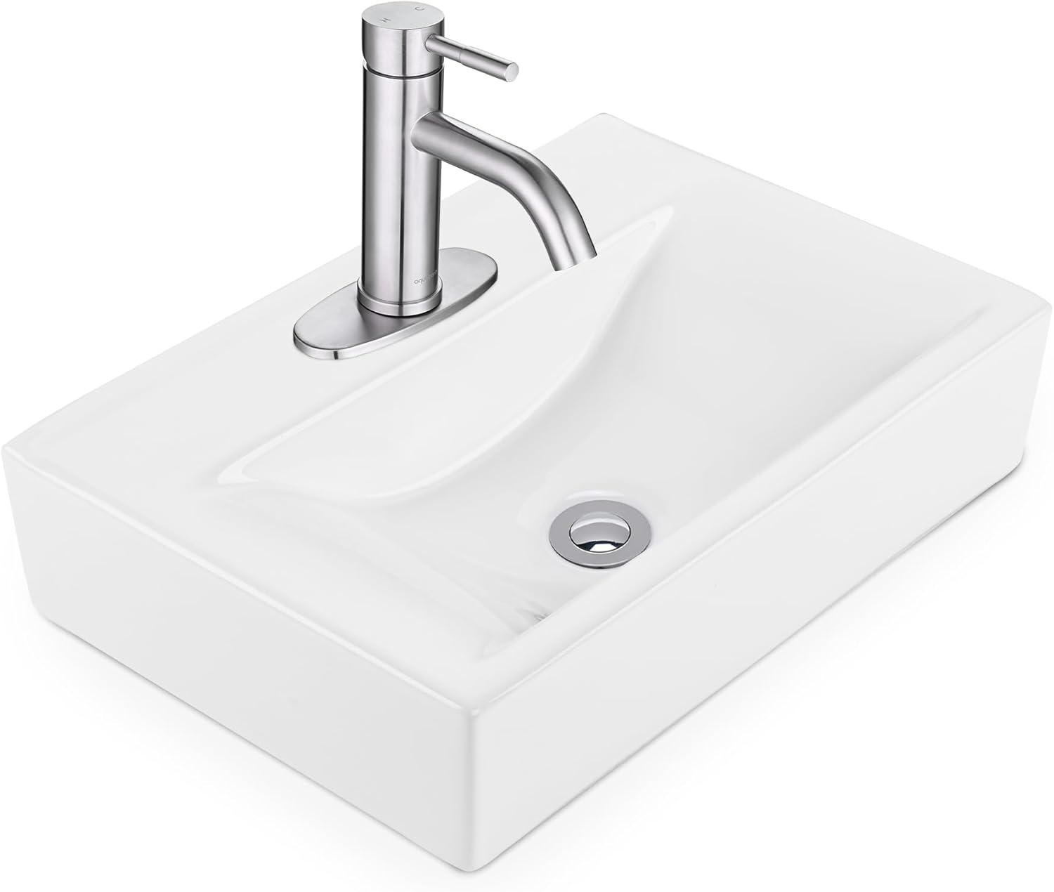 Aquaterior Rectangle Bathroom Ceramic Vessel Sink With Bathroom Single Hole Faucet Drain Combo