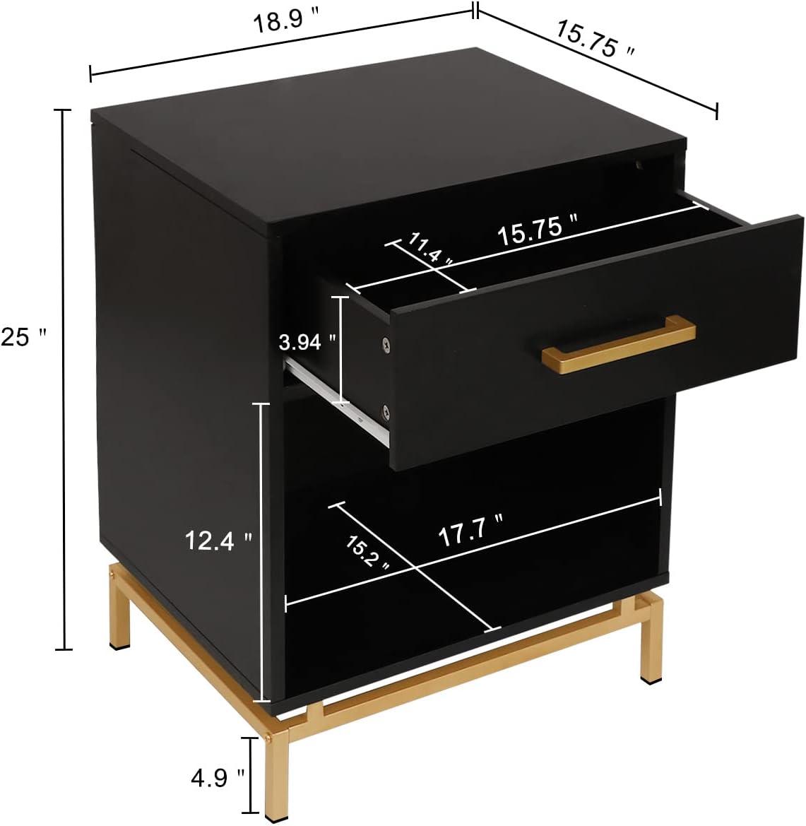 Anmytek  Modern 1-Drawer Black Nightstand Wood Bedside Table End Table with Open Shelf for Bedroom