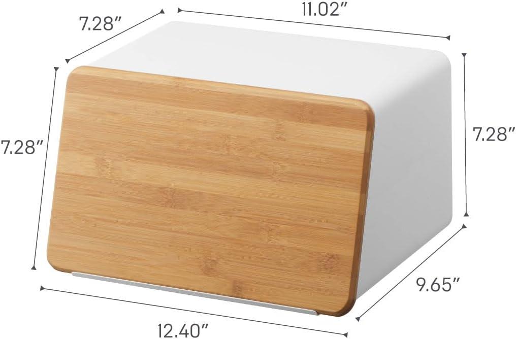 White Steel Bread Box with Bamboo Cutting Board Lid